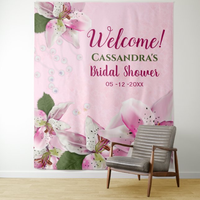 Pink Tiger Lily Pearls Spring Bridal Shower Tapest Tapestry (In Situ)