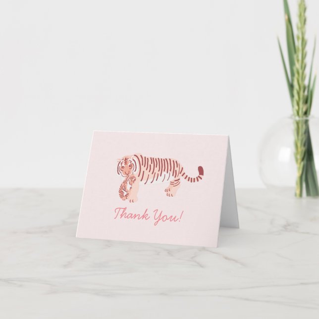 Pink Tiger Mom & Cub Baby Shower Thank You Card (Front)