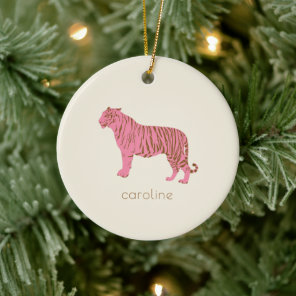 Pink Tiger Personalized Name Preppy Christmas Ceramic Ornament