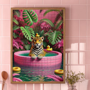 Pink Tiger Pool Poster Maximalist Jungle Wall Art