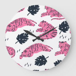 Pink Tiger Tropical: Vintage Hand-Drawn. Large Clock