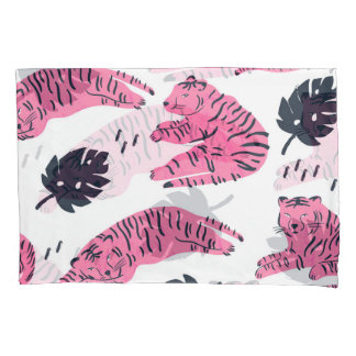 Pink Tiger Tropical: Vintage Hand-Drawn. Pillow Case