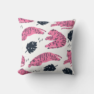 Pink Tiger Tropical: Vintage Hand-Drawn. Throw Pillow