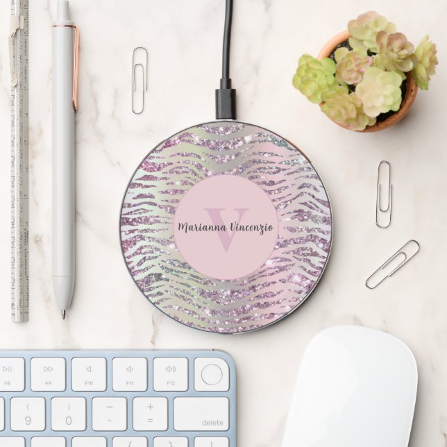 Pink Tiger Zebra Glitter Monogram Initial Wireless Charger (Desk)