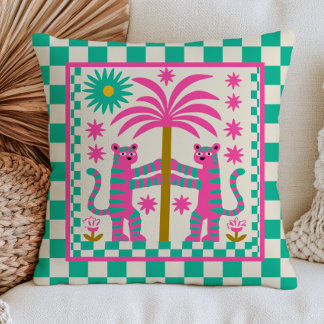 Pink Tigers& Palm Tree Green Checkered Eclectic Throw Pillow