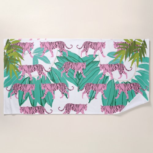 Pink Tigers Pattern Beach Towel