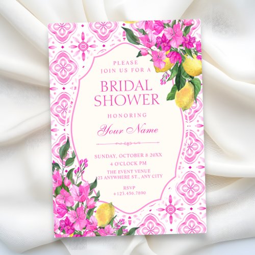 Pink tile pattern floral art bridal shower invitation