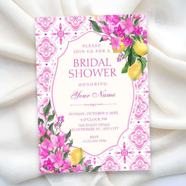 Pink tile pattern floral art bridal shower invitation (Creator Uploaded)