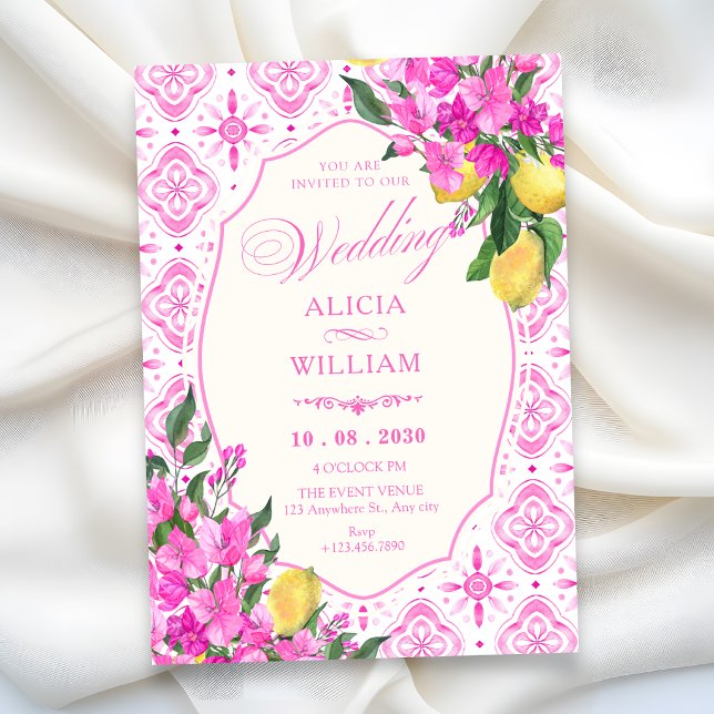 Pink tile pattern floral art wedding invitation (Creator Uploaded)