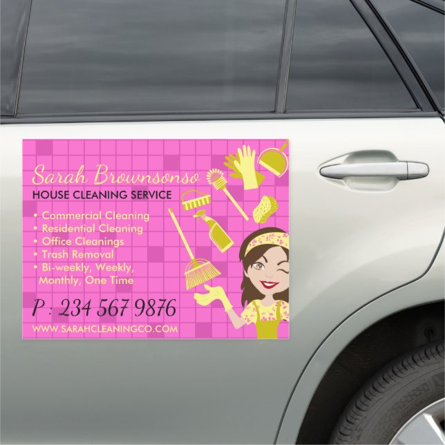 Pink Tile Pattern Yellow Lady Cleaning Maid Car Magnet (In Situ)