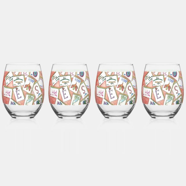 pink tiles tray stemless wine glass (Front)