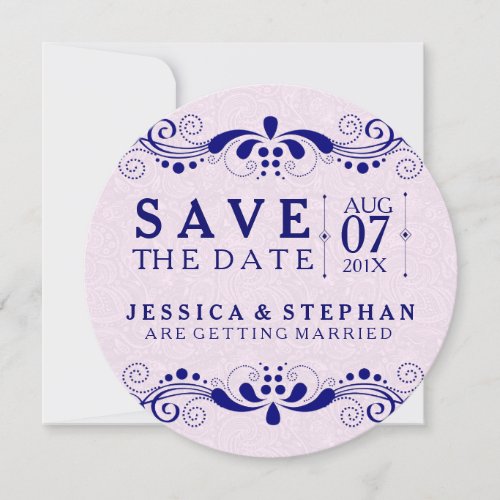 Pink Tint Paisley  Navy Blue Lace Save The Date