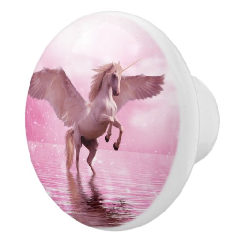 Pink Tinted Pegasus Flying Horse on Ocean Dresser Ceramic Knob