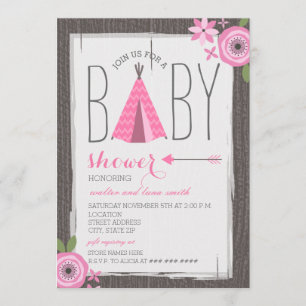Pink Tipi Floral Girl Baby Shower Invitation