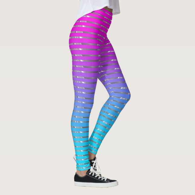 Pink to blue ombre silver stripes pattern leggings (Right)