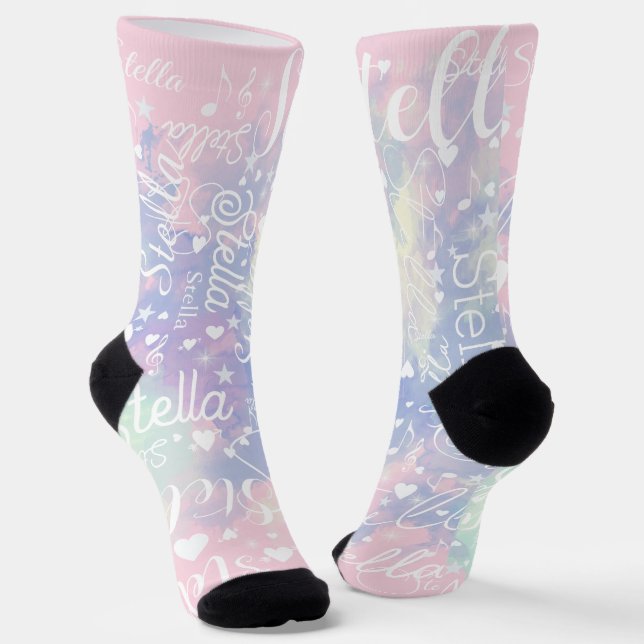 Pink-to-Blue Watercolor Hearts Stars & Music Cute Socks (Angled)