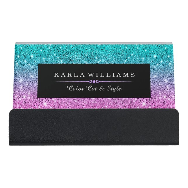 Pink to green faux glitter ombre desk business card holder (Front)
