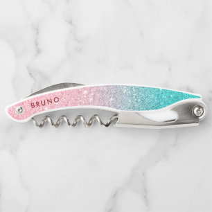 Pink to turquoise glitter ombre background waiter's corkscrew
