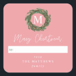 Pink To Wreath Monogram Merry Christmas Square Sticker<br><div class="desc">Give out your gifts in customization & style with your chic Wreath Monogram merry Christmas Gift Square Stickers.  Comes in multiple colors.</div>