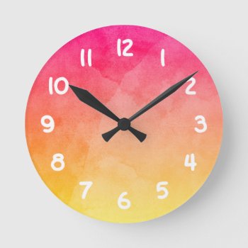 Pink To Yellow Watercolor Round Clock by pinkgifts4you at Zazzle