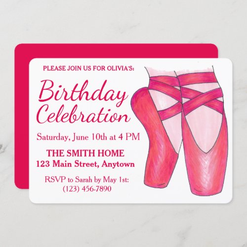Pink Toe Shoes Ballet Ballerina Dance Birthday Invitation