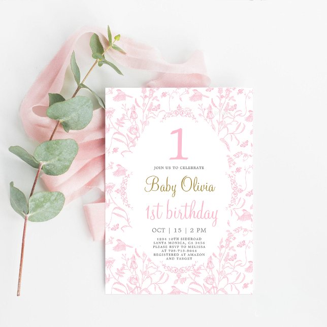 Pink Toile 1st Birthday Invitation (Creator Uploaded)