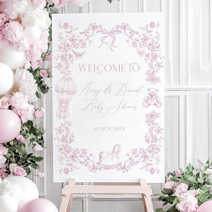 Pink Toile Baby Shower Welcome Sign, Bow Floral Ba Foam Board