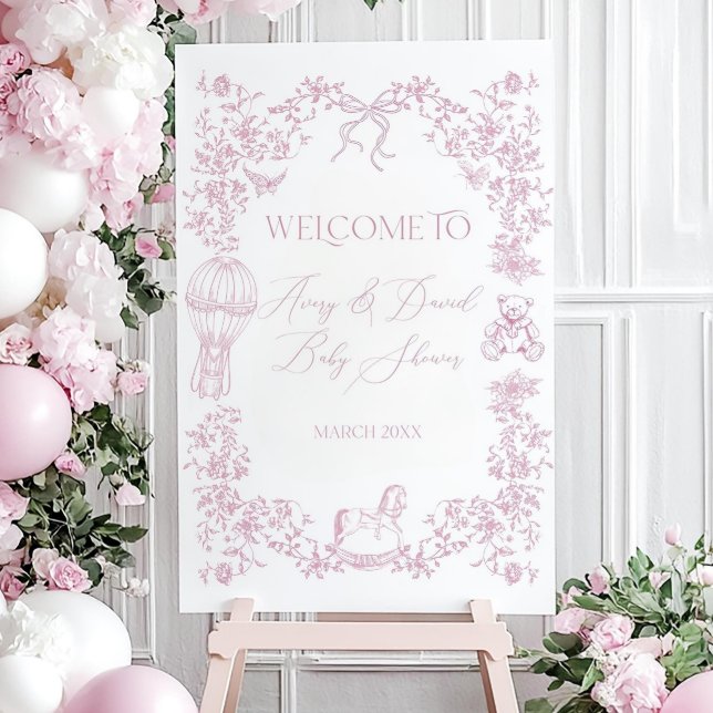 Pink Toile Baby Shower Welcome Sign, Bow Floral Ba Foam Board (Creator Uploaded)