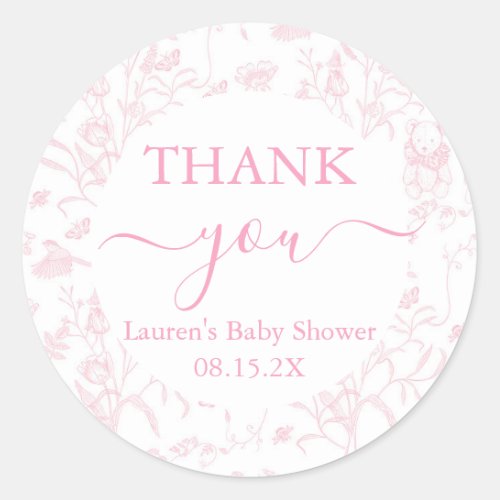 Pink Toile Bear Baby Shower Girl Classic Round Sticker