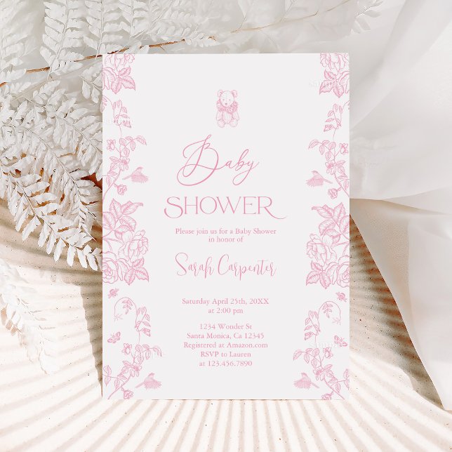 Pink Toile Bear Baby Shower Girl Invitation (Creator Uploaded)