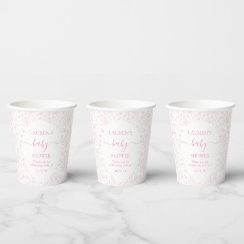 Pink Toile Bear Baby Shower Girl Paper Cups