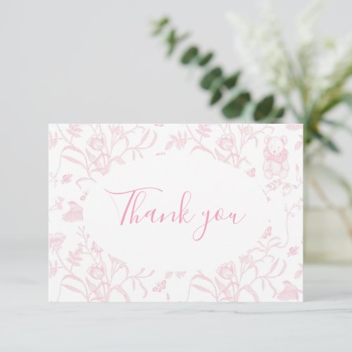 Pink Toile Bear Baby Shower Girl Thank You Card