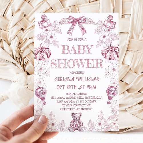 Pink Toile Bear Floral Girl Baby Shower  Invitation