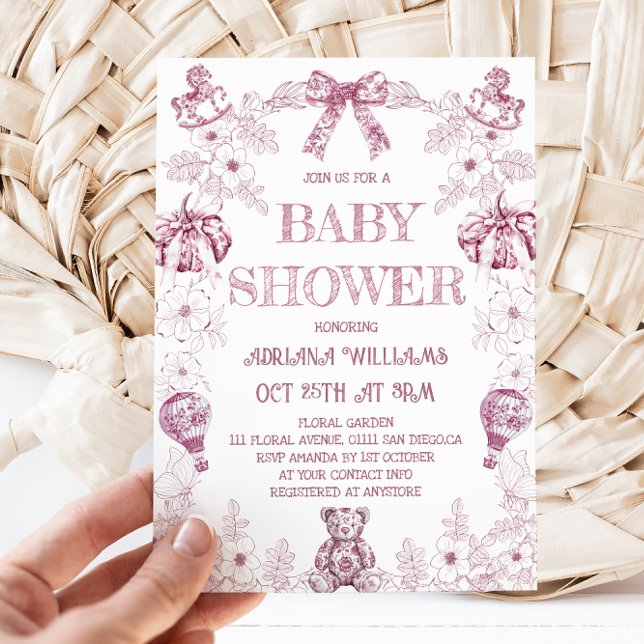 Pink Toile Bear Floral Girl Baby Shower  Invitation (Creator Uploaded)