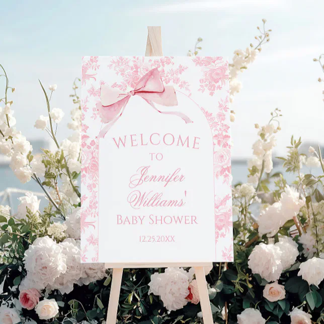 Pink Toile Bow Baby Girl Shower Welcome Sign Board | Zazzle