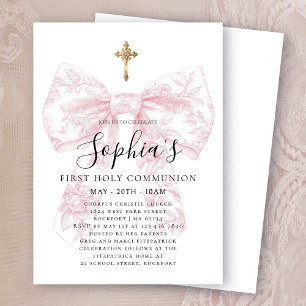 Pink Toile Bow Cross Girl First Communion Invitation