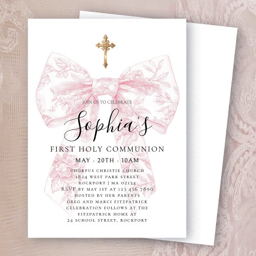 Pink Toile Bow Cross Girl First Communion