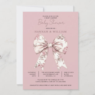 Pink Toile Bow Ribbon Girl Baby Shower Invitation