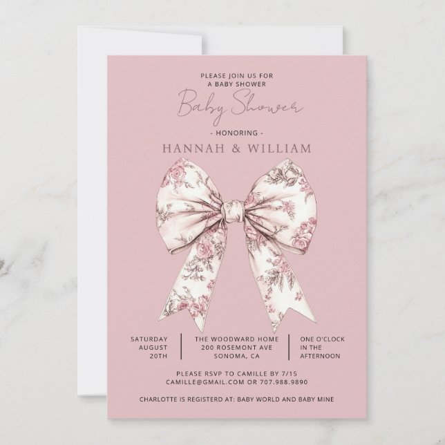Pink Toile Bow Ribbon Girl Baby Shower Invitation (Front)