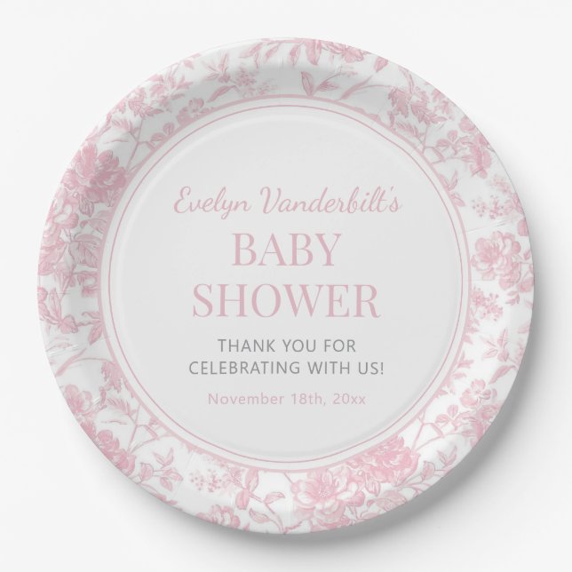 Pink Toile Chinoiserie Floral Baby Shower  Paper Plates (Front)