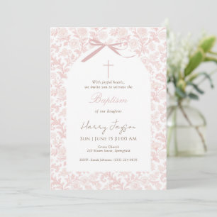 Pink Toile Classic Christian Girl Christening Invitation