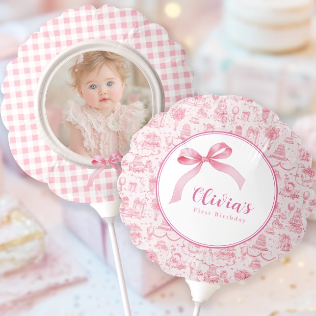 Pink Toile Coquette Bow 1st Birthday Girl Balloon (coquette style 1st birthday party for baby girl)