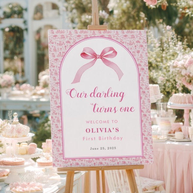 Pink Toile Coquette Bow 1st Birthday Girl  Foam Board (coquette style 1st birthday party for baby girl)