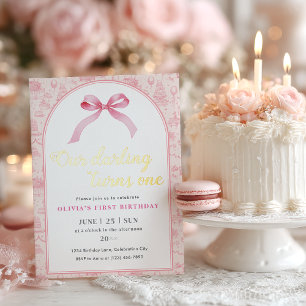 Pink Toile Coquette Bow 1st Birthday Girl  Foil Invitation