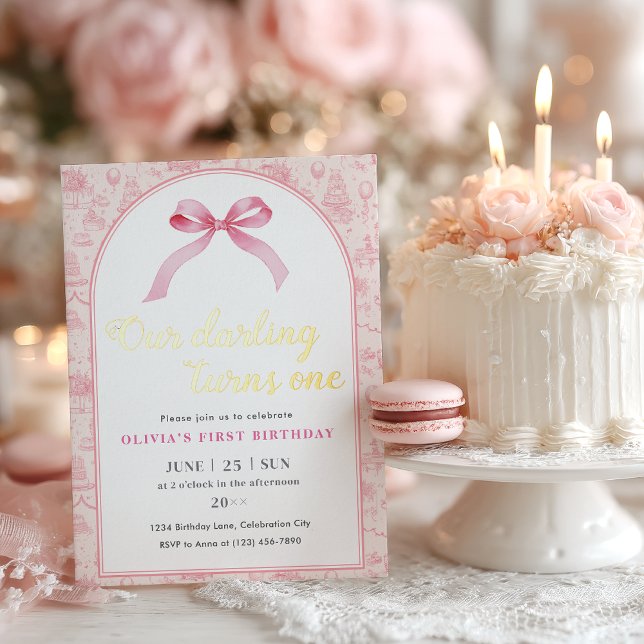 Pink Toile Coquette Bow 1st Birthday Girl  Foil Invitation (coquette style 1st birthday invitation for baby girl, pink bow)