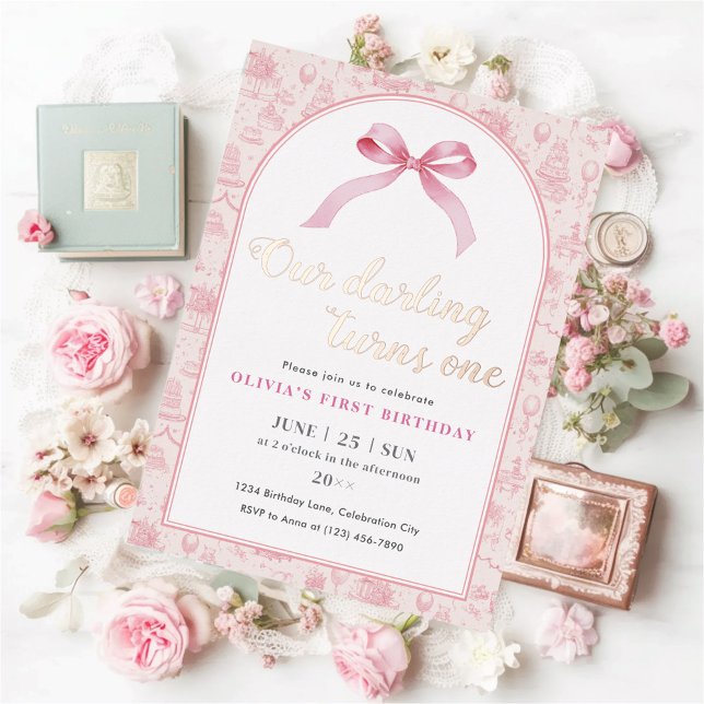 Pink Toile Coquette Bow 1st Birthday Girl  Foil Invitation (Creator Uploaded)