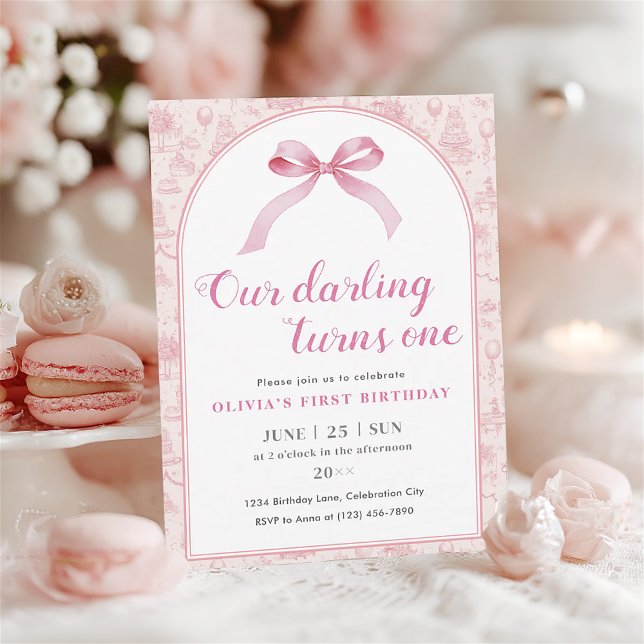 Pink Toile Coquette Bow 1st Birthday Girl Invitation Postcard (coquette style 1st birthday invitation for baby girl)