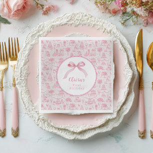 Pink Toile Coquette Bow 1st Birthday Girl Napkins