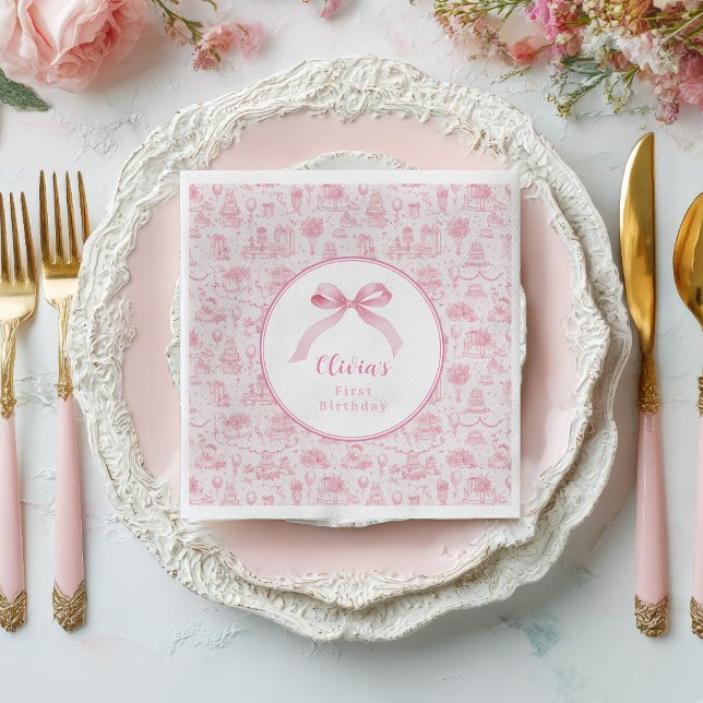 Pink Toile Coquette Bow 1st Birthday Girl Napkins (pink coquette 1st birthday  for baby girl with ribbon)