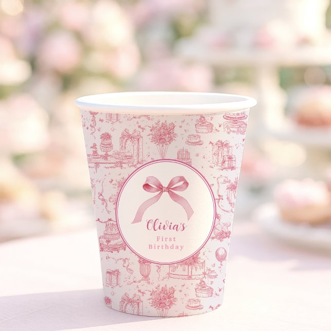 Pink Toile Coquette Bow 1st Birthday Girl Paper Cups (coquette style 1st birthday party for baby girl)